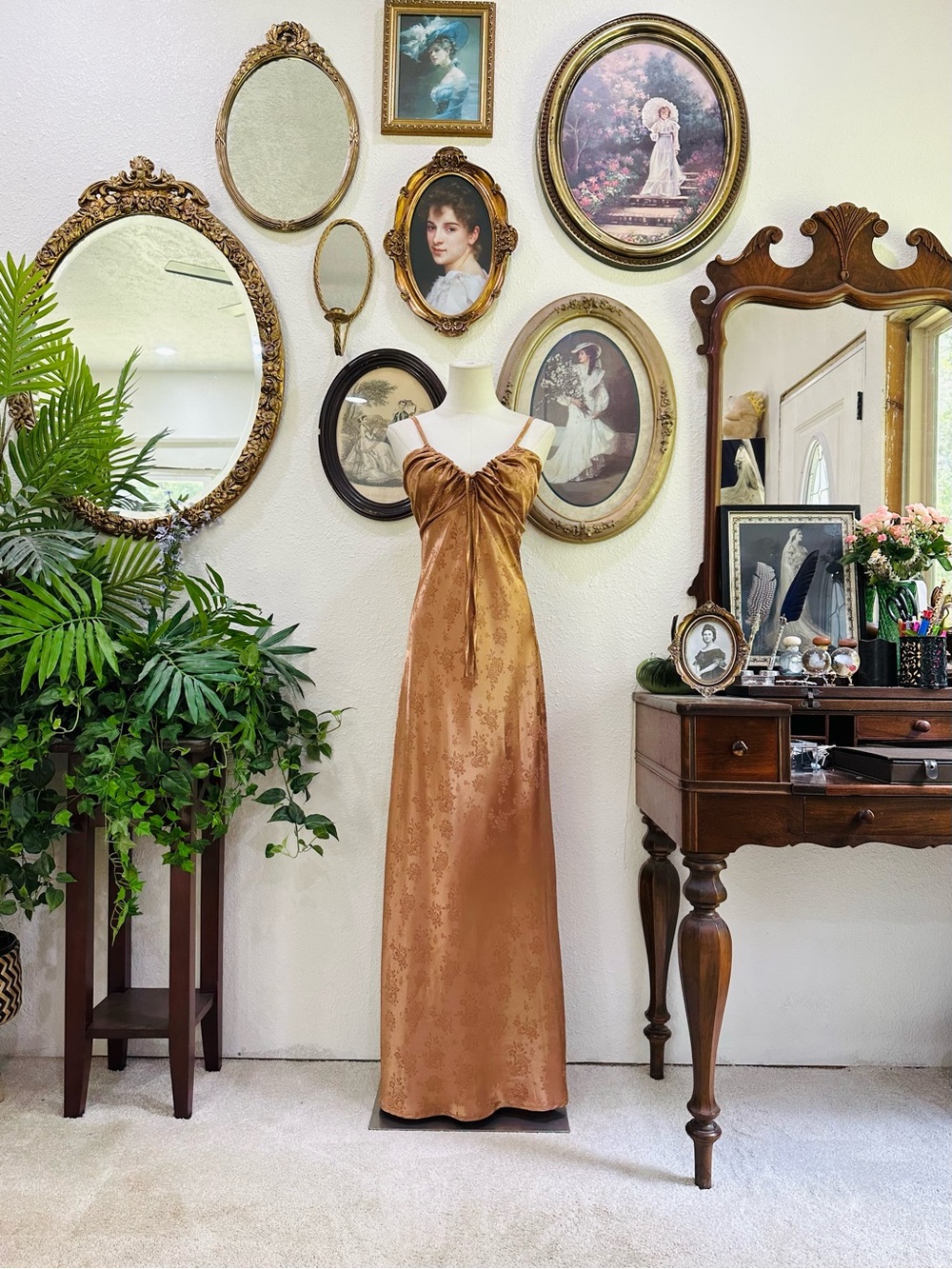 Copper Satin Slip Dress with Floral Jacquard
